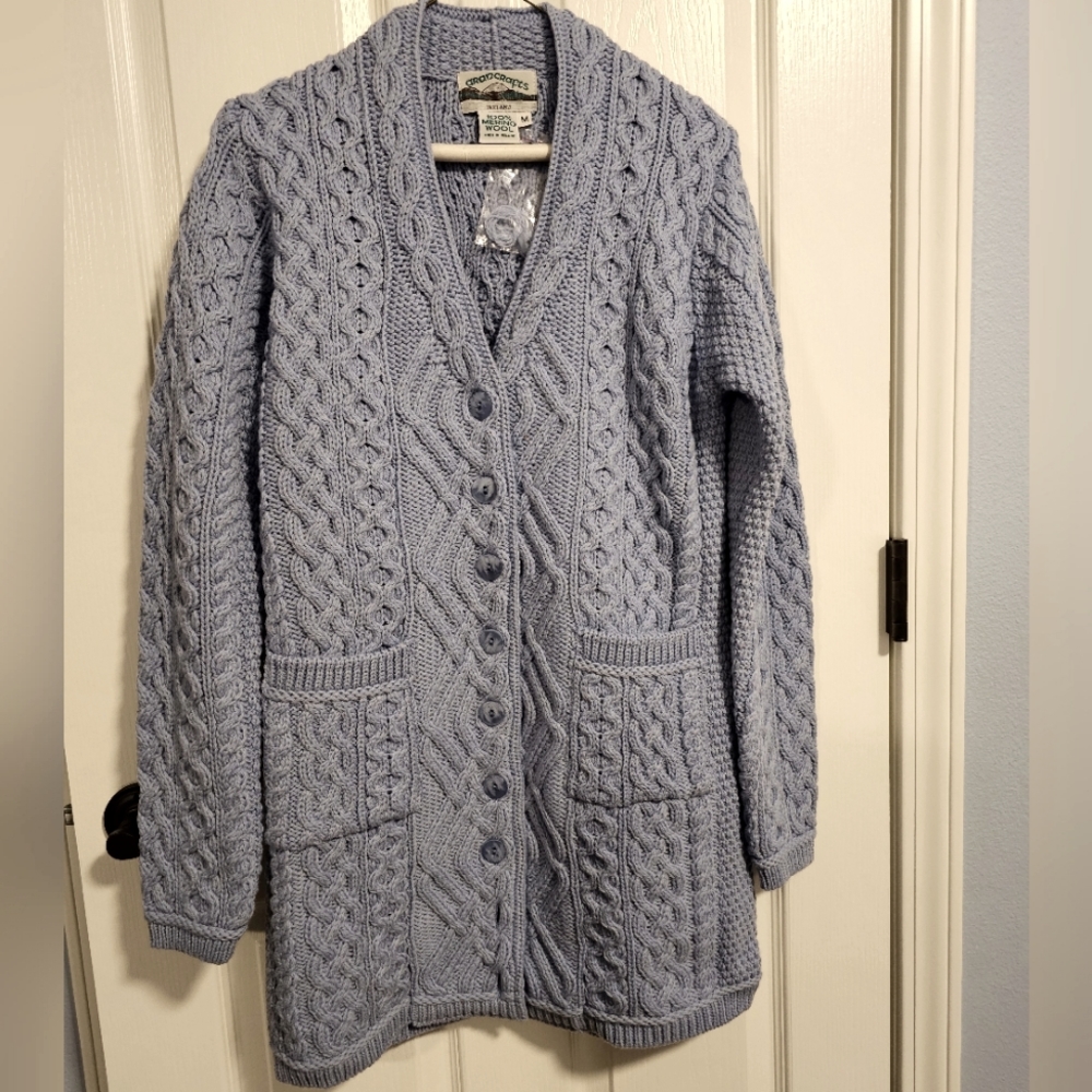 Aran Crafts Merino Wool Button-up Cardigan- Light Blue- Medium